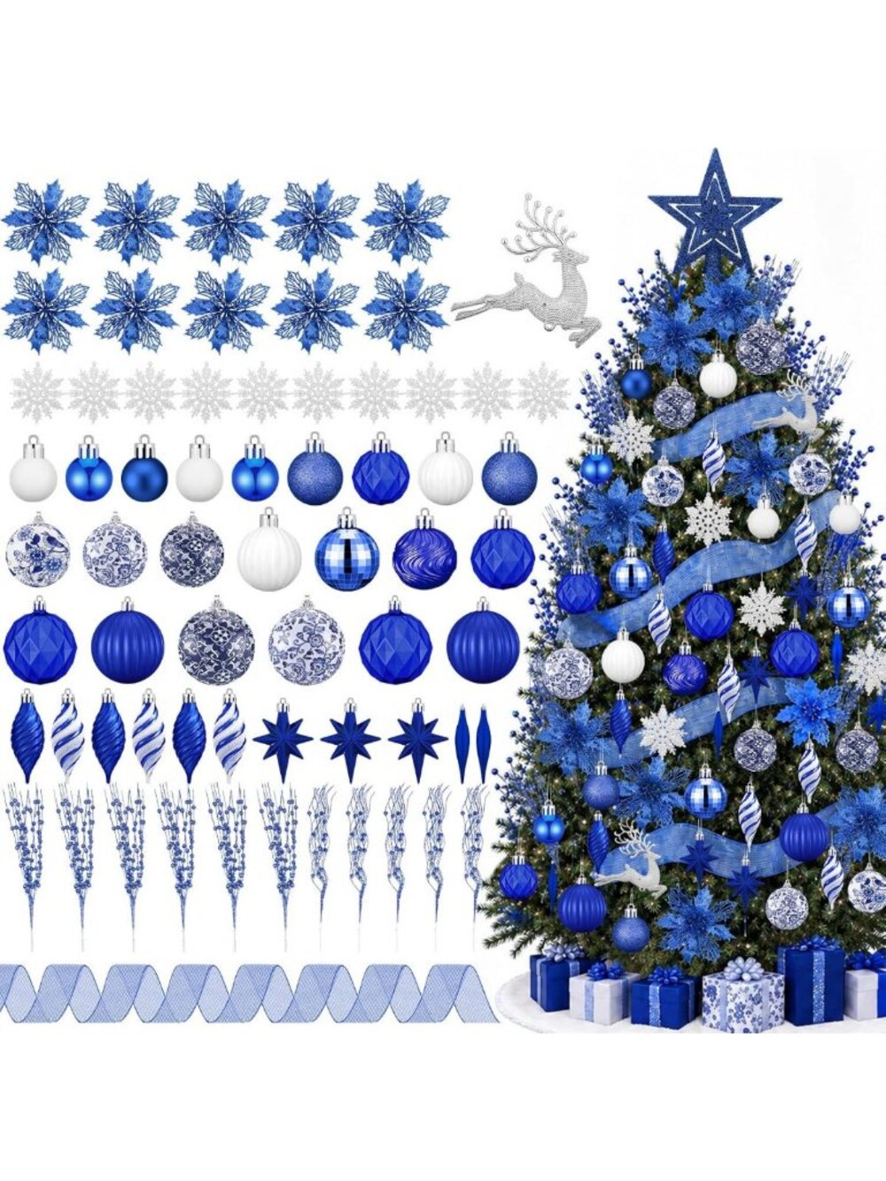 CroBlissful 118 Pcs Royal Blue Christmas Tree Decoration Set Including Ball Deer